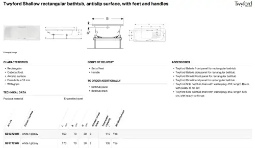 Click Here To Enlarge This Photo Of Twyford Shallow Steel Bath White 1700mm Slip Resistant SB1772WH