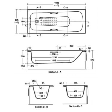 Click Here To Enlarge This Photo Of Armitage Shanks Sandringham 21 1700mm x 700mm Water Saving Bath with Handgrips 2 Tap Hole - E028801