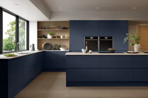 Click Here To Enlarge This Photo Of Jayline J Pull Style Handleless Kitchen Doors and Drawers in Super Matt Indigo Blue by BA Components