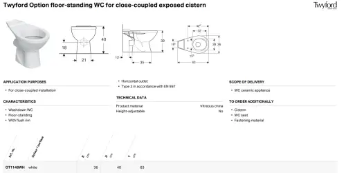Click Here To Enlarge This Photo Of Twyford Option Horizontal Outlet Close Coupled Toilet Pan OT1148WH with White Toilet Seat and Cover OT7815WH and Fixing Kit