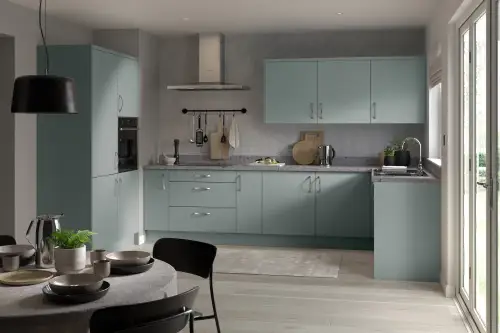 Click Here To Enlarge This Photo Of Kitchen Kit Flatpack Slab Matt Sage Green 900 Breakfast Bar Back Panel - FKKF1146