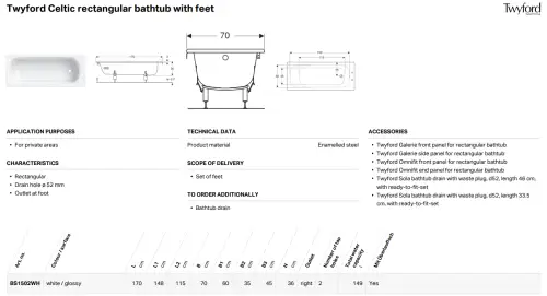 Click Here To Enlarge This Photo Of Twyford Celtic Plain Bath 1700 With Leg Set (No Grips)  BL1502WH
